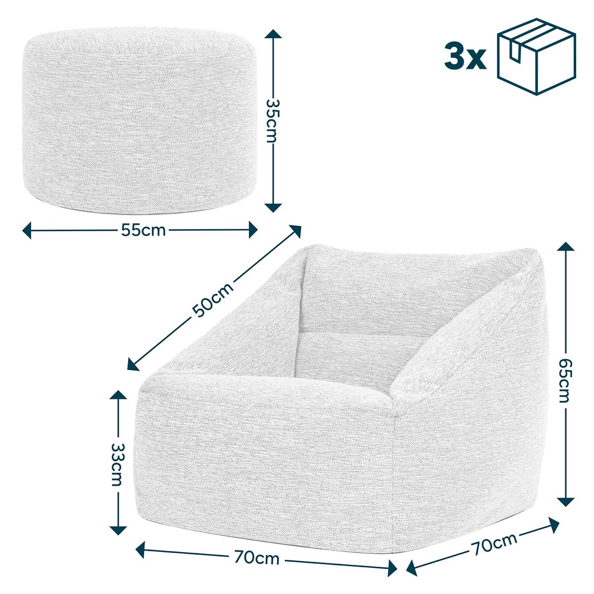Pouf fauteuil salon et son repose-pied rond en tissu tissé Oeko-Tex® - NATALIA naturel beige, ICON
