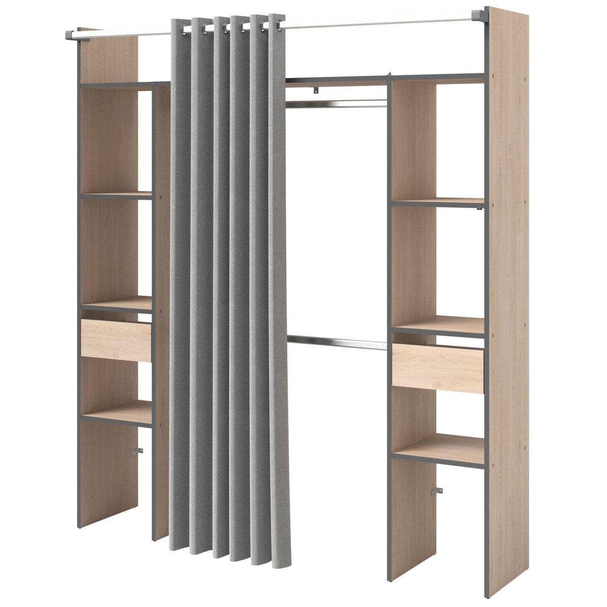 Dressing  2 colonnes coloris bois naturel avec rideau et détails bois naturel, TERRE DE NUIT