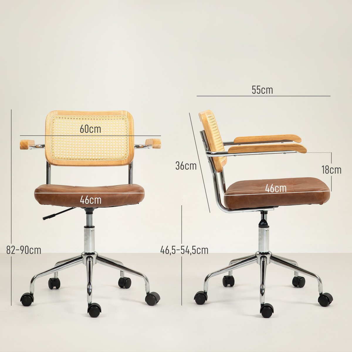 Chaise de bureau Revêtement synthétique marron, bois naturel, HOMCOM