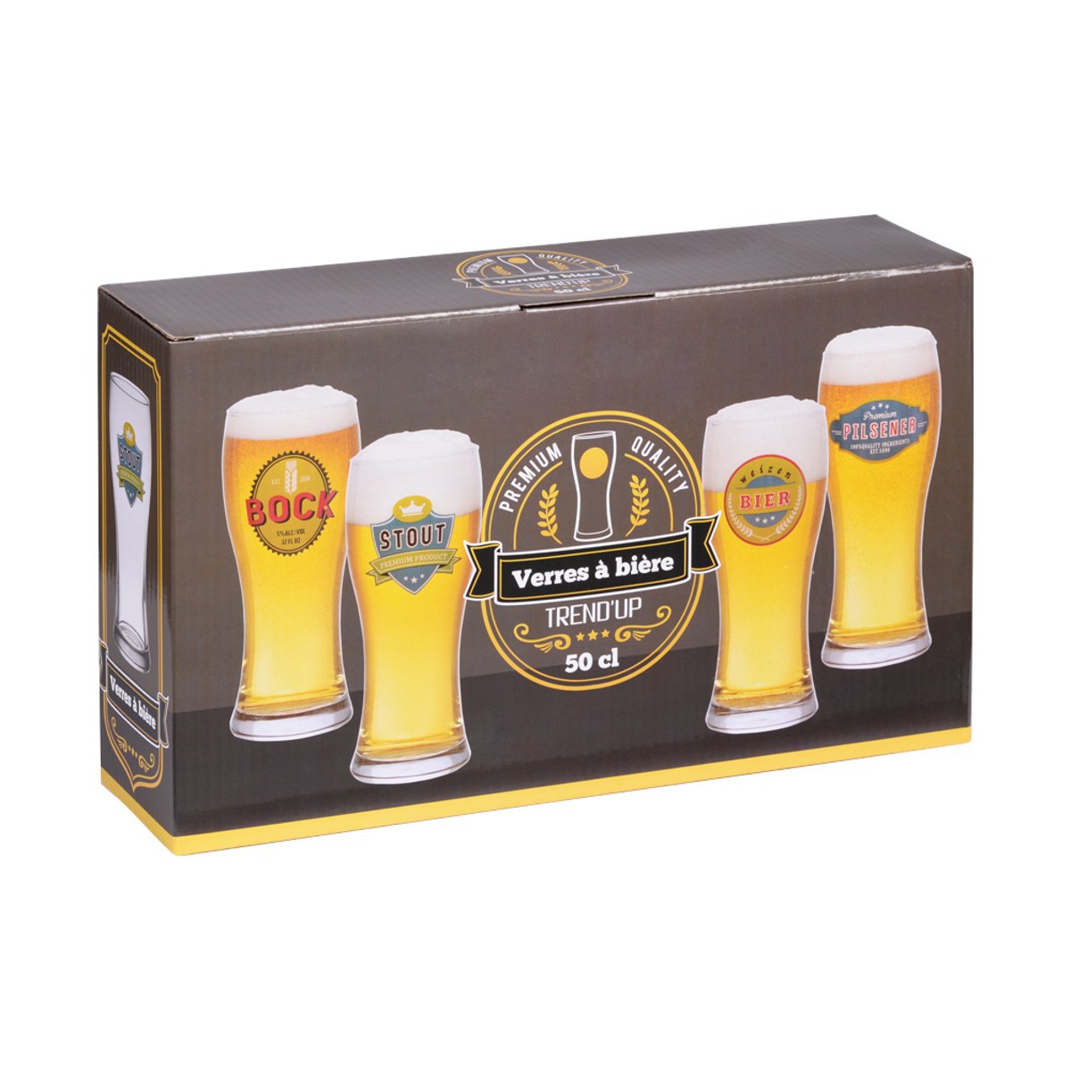 Coffret de 4 chopes à bières 50 cl décorées transparent / cristal, TREND'UP
