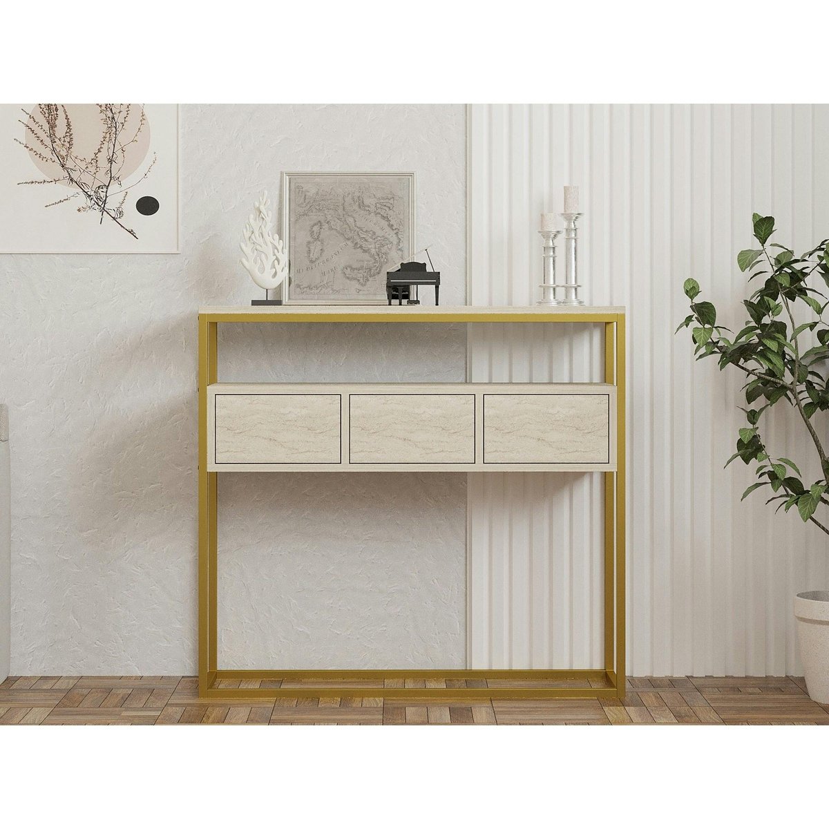 Console d'entrée 3 rangements JENA marbre beige, PIER IMPORT
