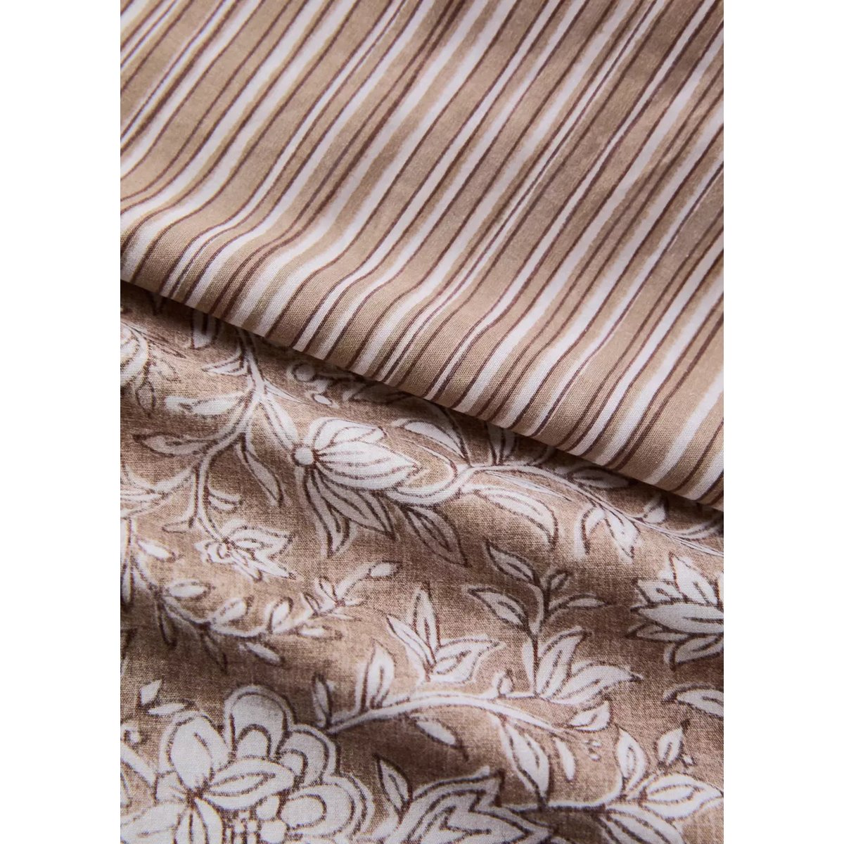 Housse de couette percale de coton réversible à rayures et fleurs Lit 90 cm tabac, MANGO HOME