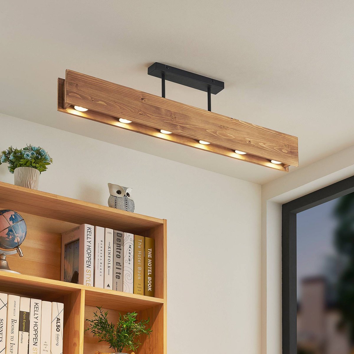 Plafonnier en bois scandinave, Malwin bois foncé, noir, LINDBY
