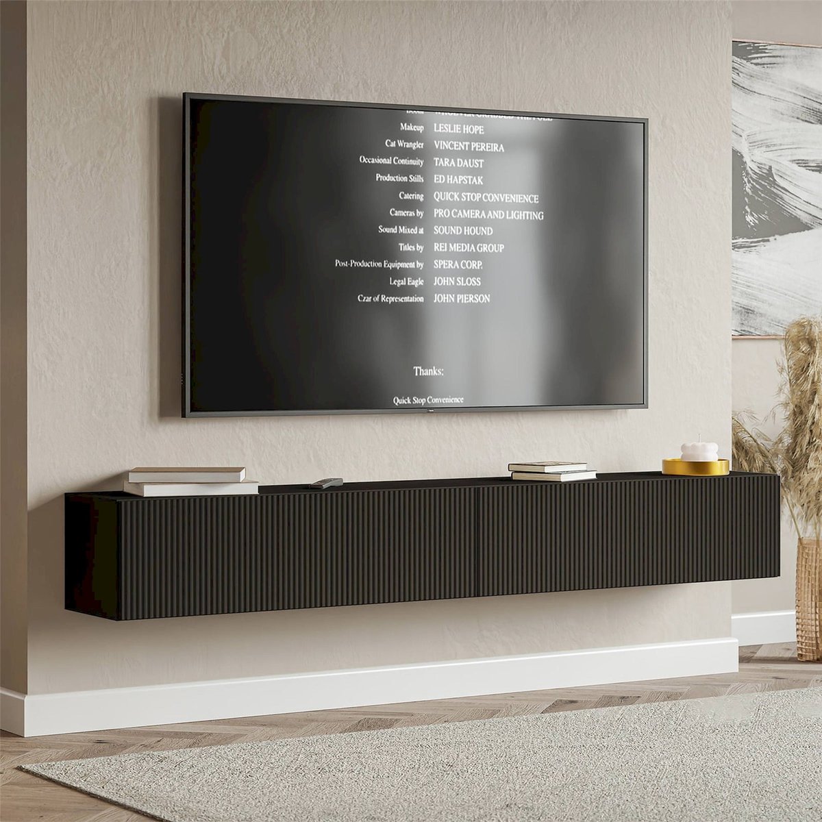 Meuble tv suspendu façade rainurée VELDIO blanc, RECOLLECTION