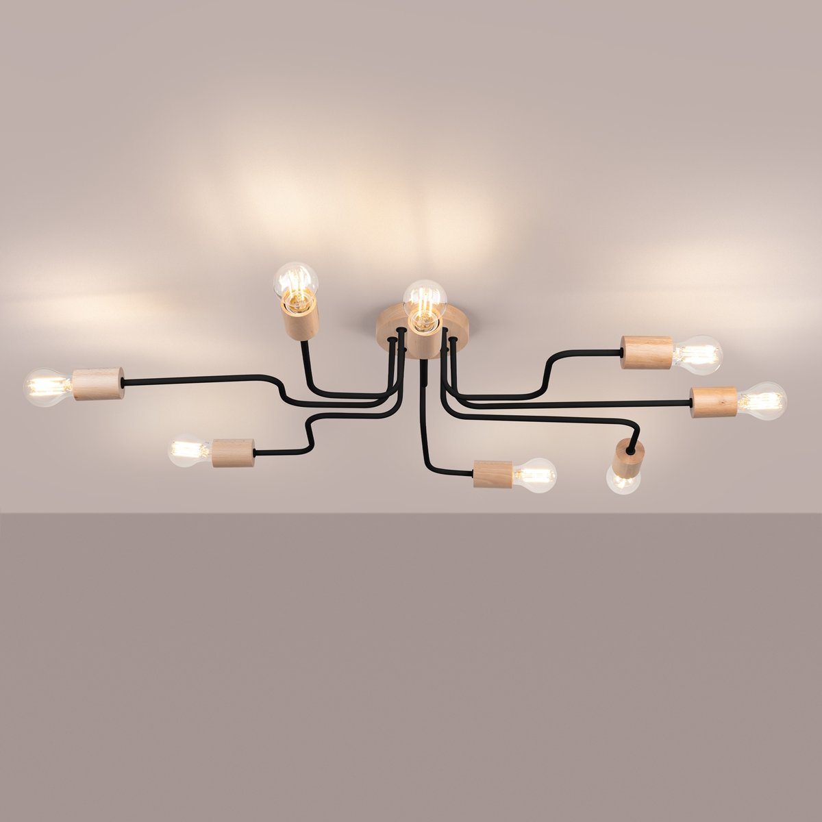 Lustre Acier Noir/Bois Naturel E27 8 Timbo noir, EDEN