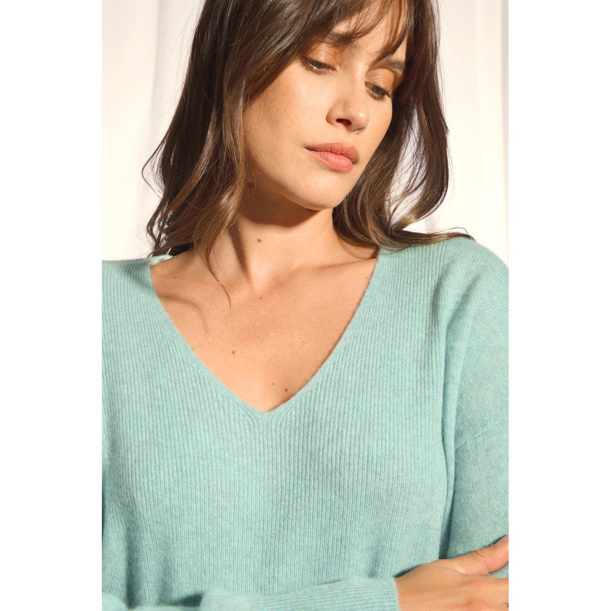 Pull Col V Aqua Chiné Birse bleu clair chiné, JUST CASHMERE