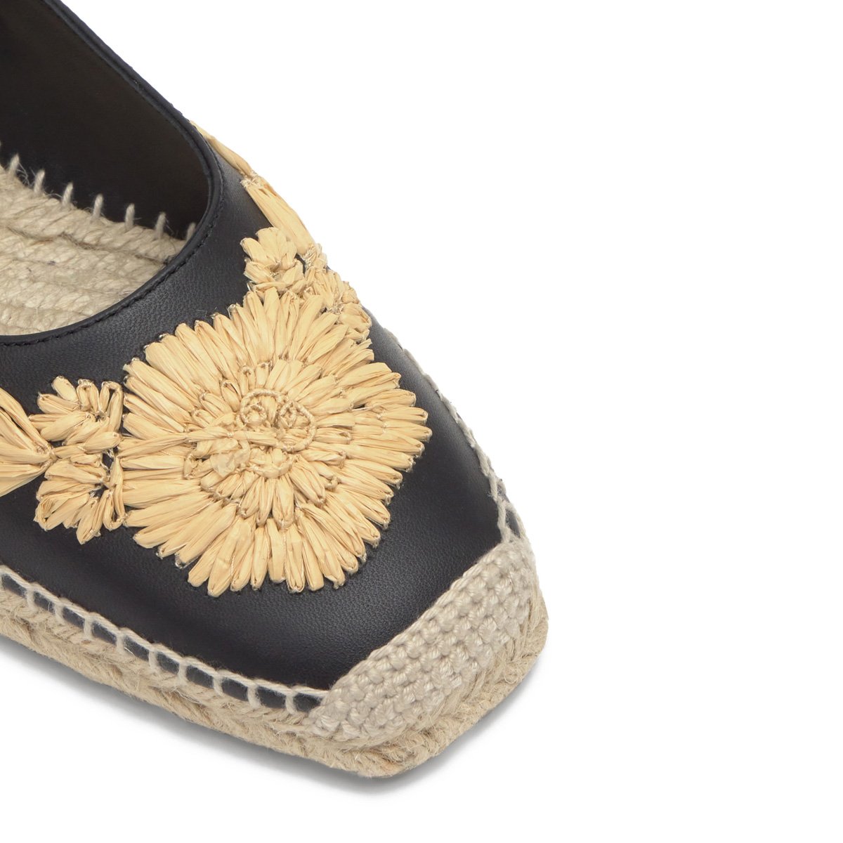 Espadrilles plates en cuir à broderie florales en raphia PARIS PLATFORM noir, CASTANER