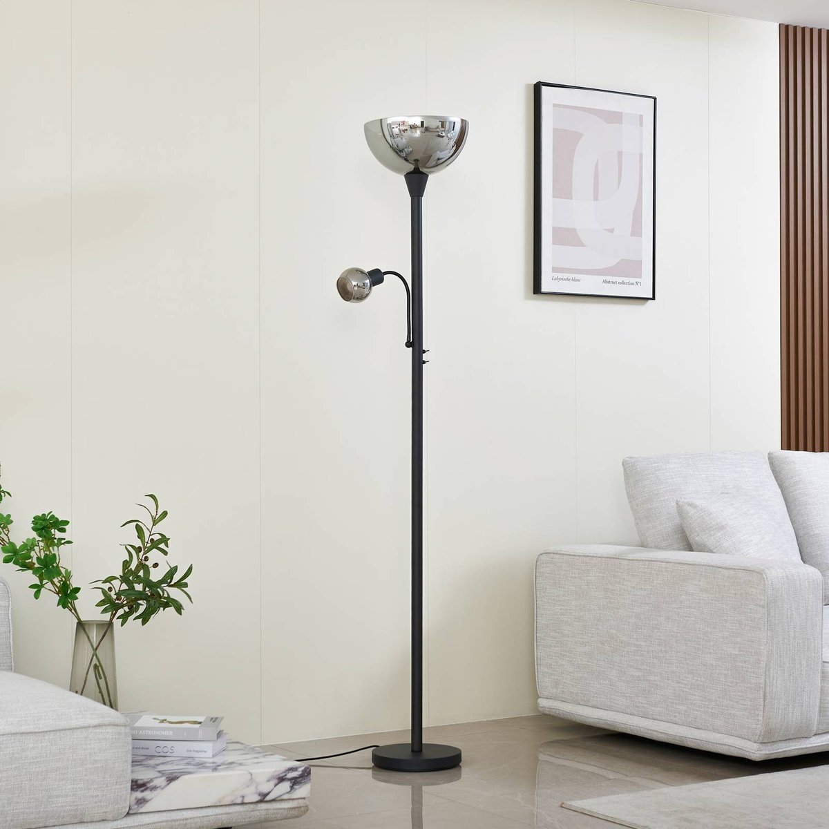 Lampadaire en métal moderne, Nehemia gris, noir, LINDBY