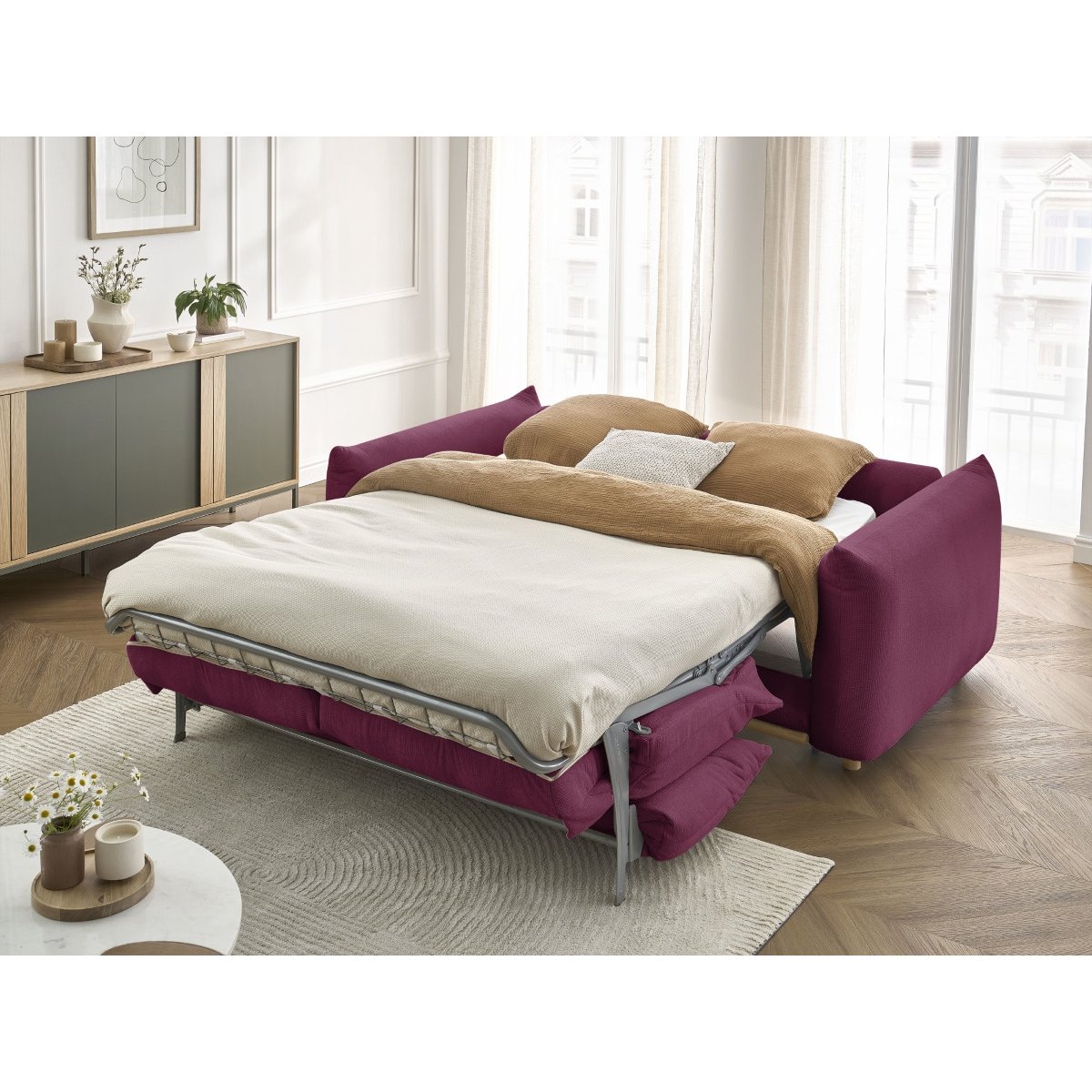 Canapé lit 3 places en tissu couchage 140x190 cm, ERNEST rouge, BOBOCHIC