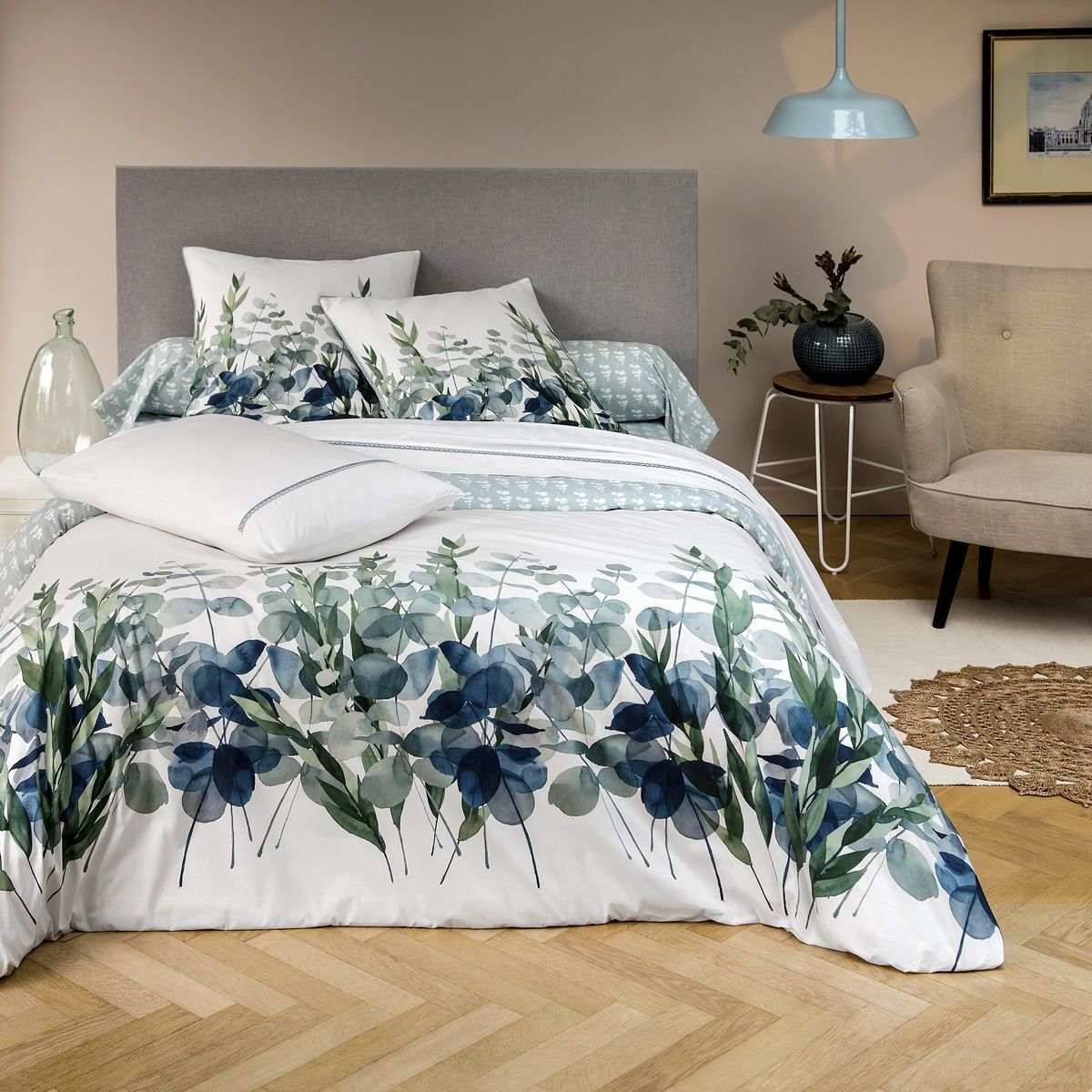 Drap Plat Percale De Coton - EUCALYPTUS motifs, TRADITION DES VOSGES