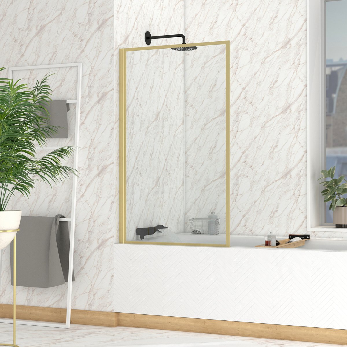 Pare-baignoire rabattable en verre trempé encadrement aluminium doré, HOME MAISON