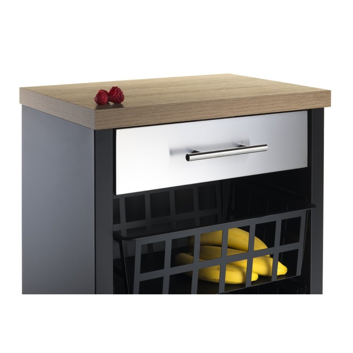 Chariot de cuisine KARA noir avec tiroir, 3 paniers et plateau effet bois orme, DON HIERRO