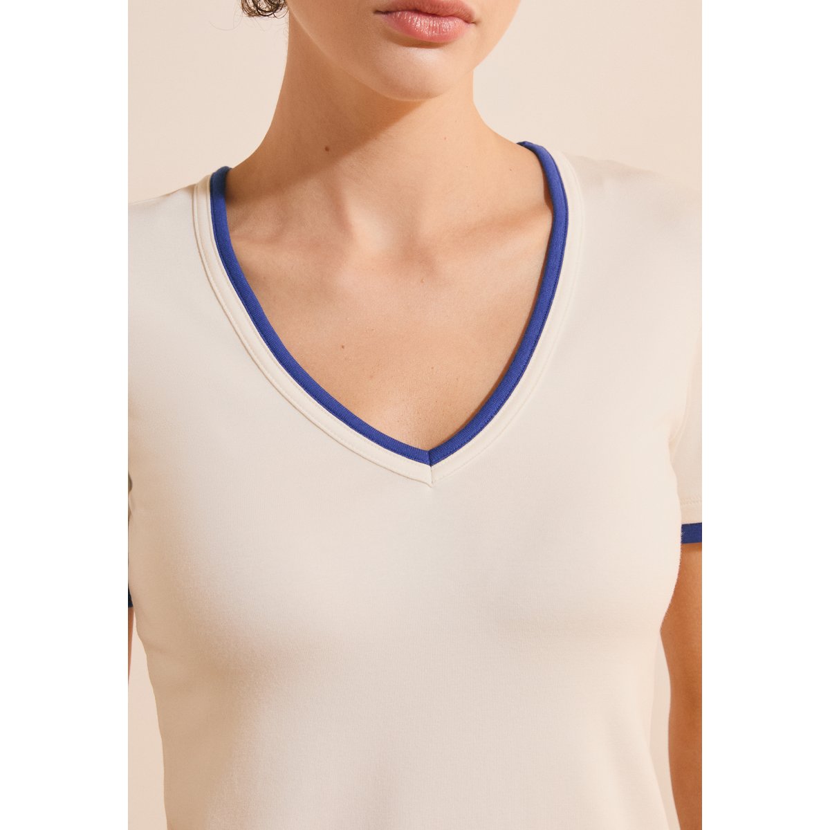 T-shirt à manches courtes col V en coton ADULA ecru, ETAM