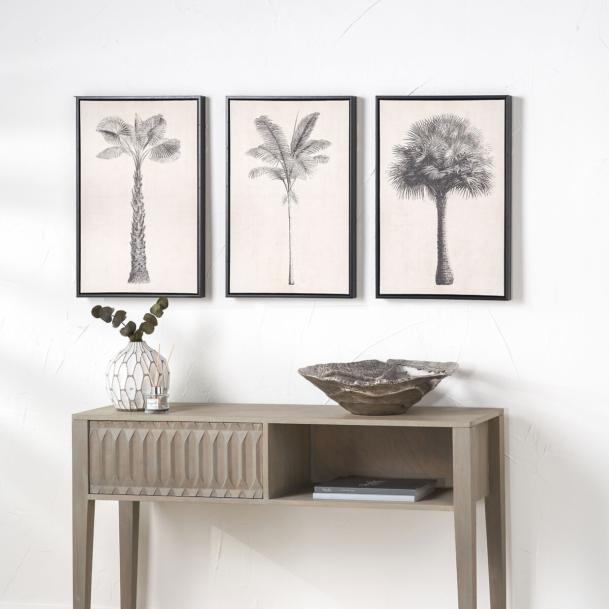 Set of 3 Natural and Black Palm Tree Print Canvases with Black Frames natural, SO'HOME