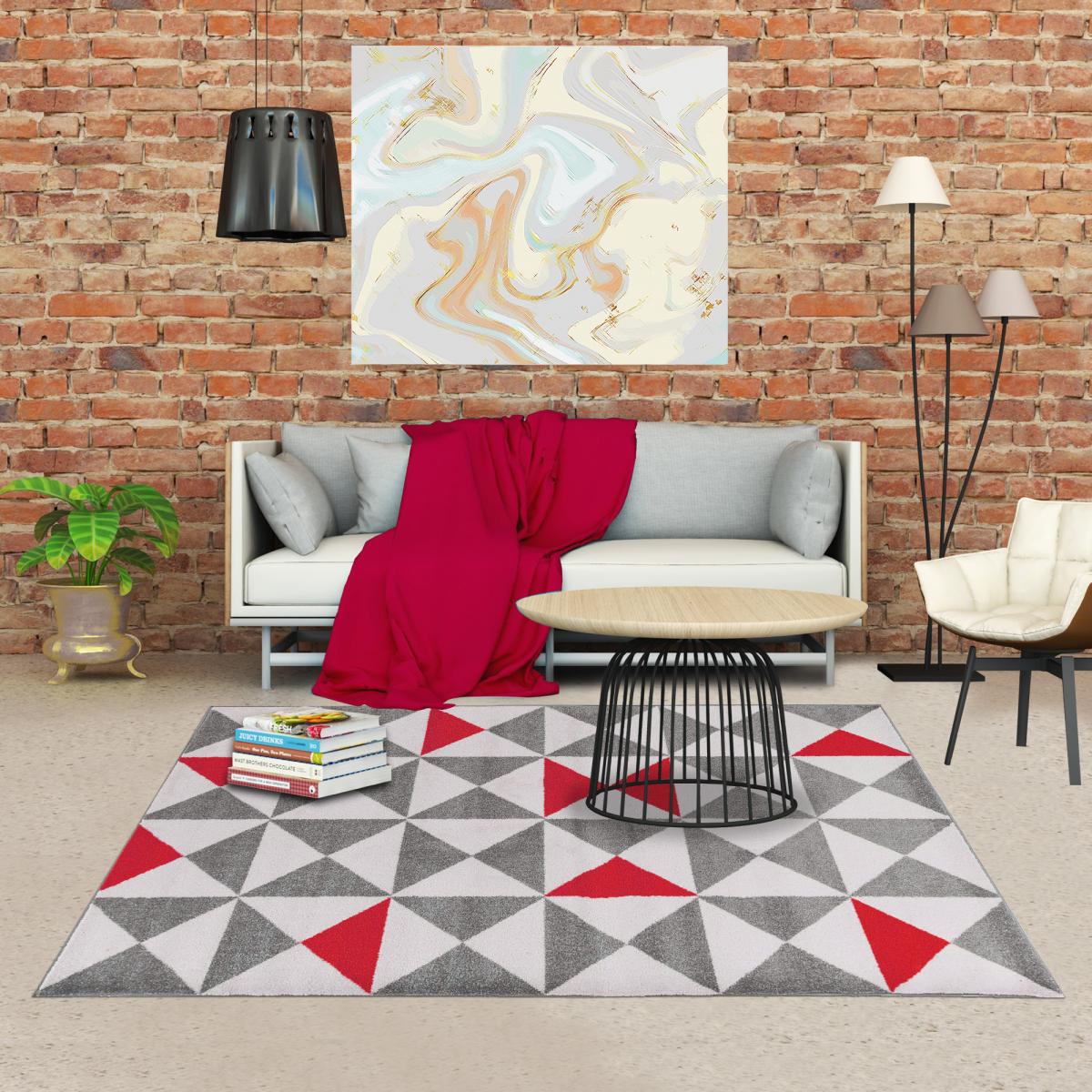 Tapis chambre tissé motif scandinave TRIANGAM rouge, gris, blanc, UN AMOUR DE TAPIS