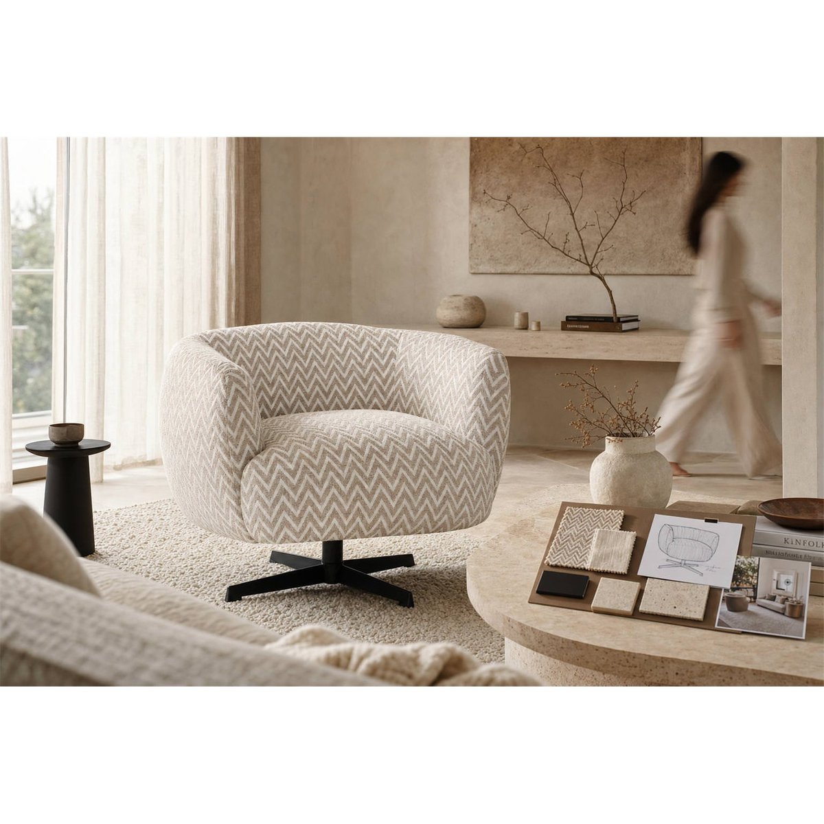 Fauteuil lounge pivotant motif chevron sable chevron, RECOLLECTION