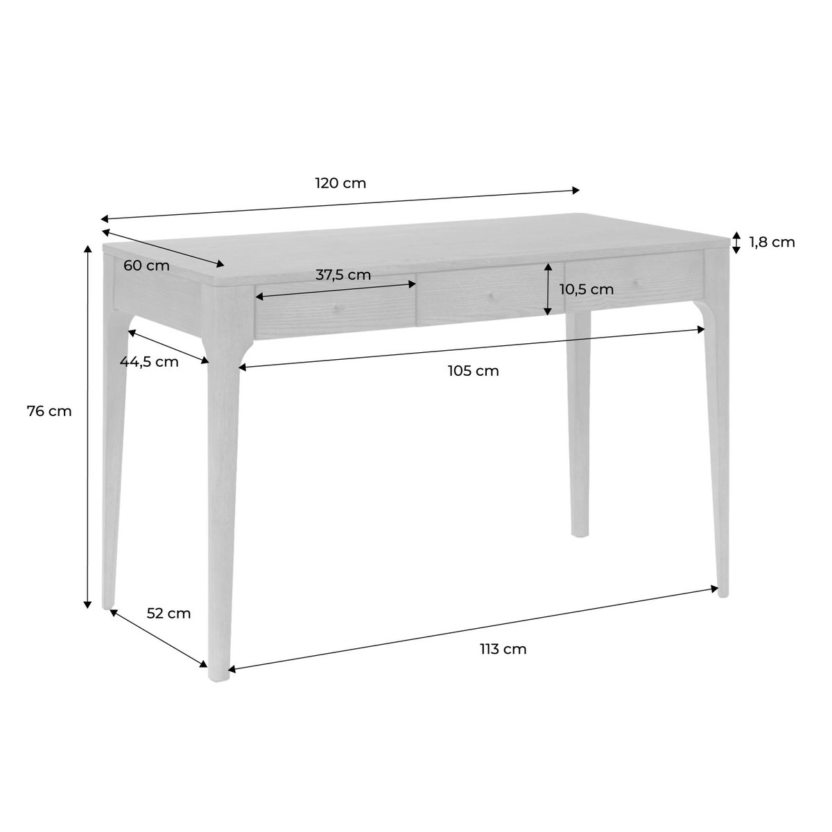 Bureau bois d'hévéa placage frêne 3 tiroirs SIDONIE noyer, SWEEEK