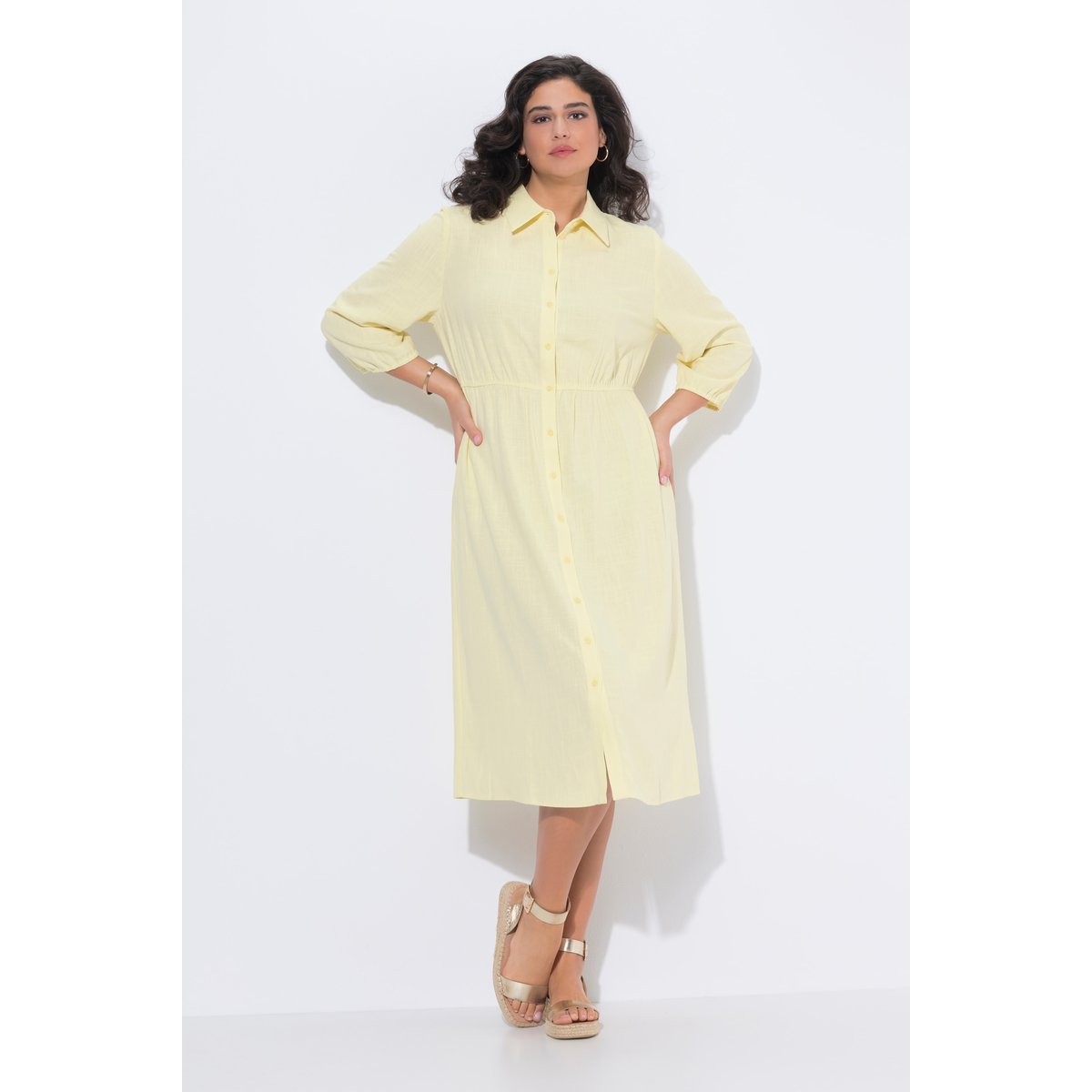 Robe chemisier, col chemise et manches 3/4 jaune pâle, ULLA POPKEN