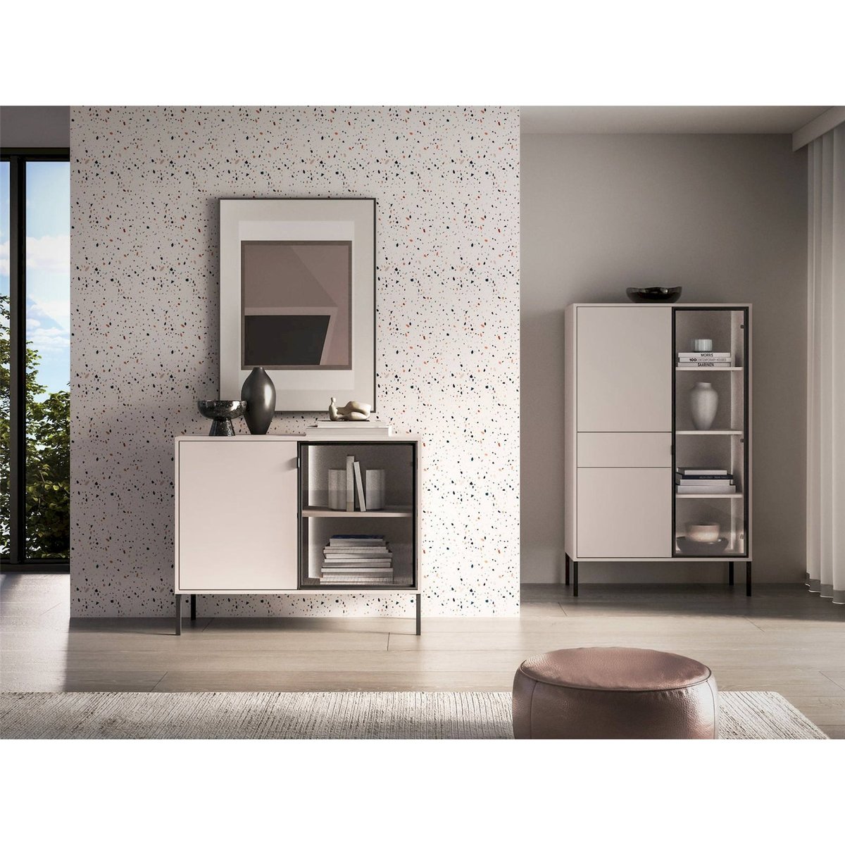 Buffet vitrine bois collection BARNEE, LED cachemire, RECOLLECTION
