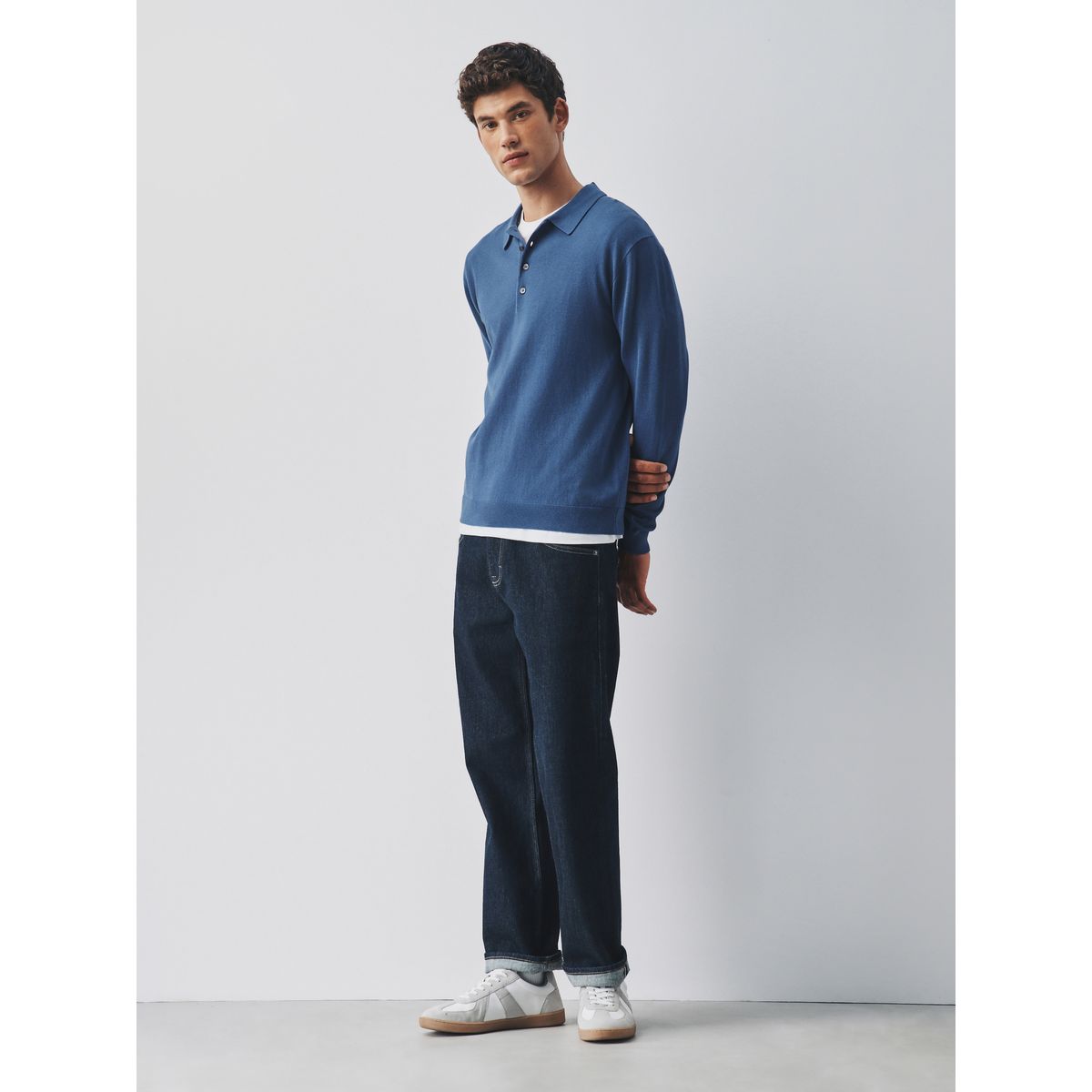 Polo en maille à manches longues bleu moyen, NEXT