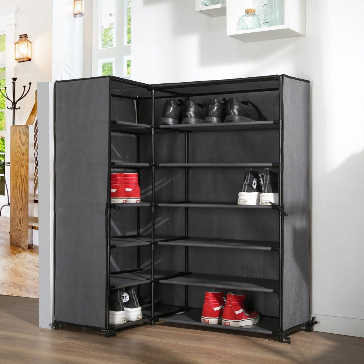 Armoire à chaussures d'angle en intissé et métal - H107 cm gris, CALICOSY