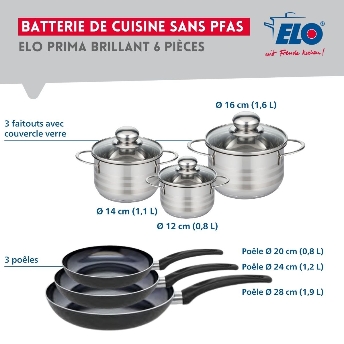 3 poêles 20/24/28cm + 3 faitouts 12/14/16cm PRIMA BRILLANT noir, ELO