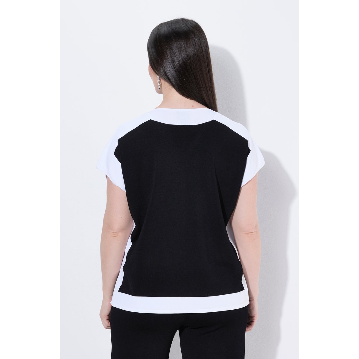 Pull-over, design color block, col en V noir, ULLA POPKEN