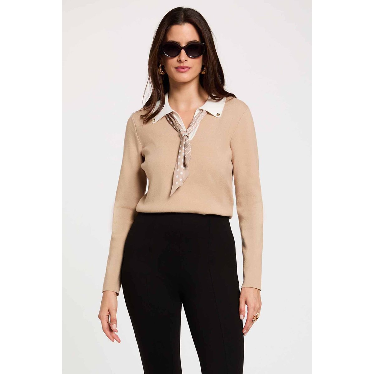 Pull col à revers beige, MORGAN