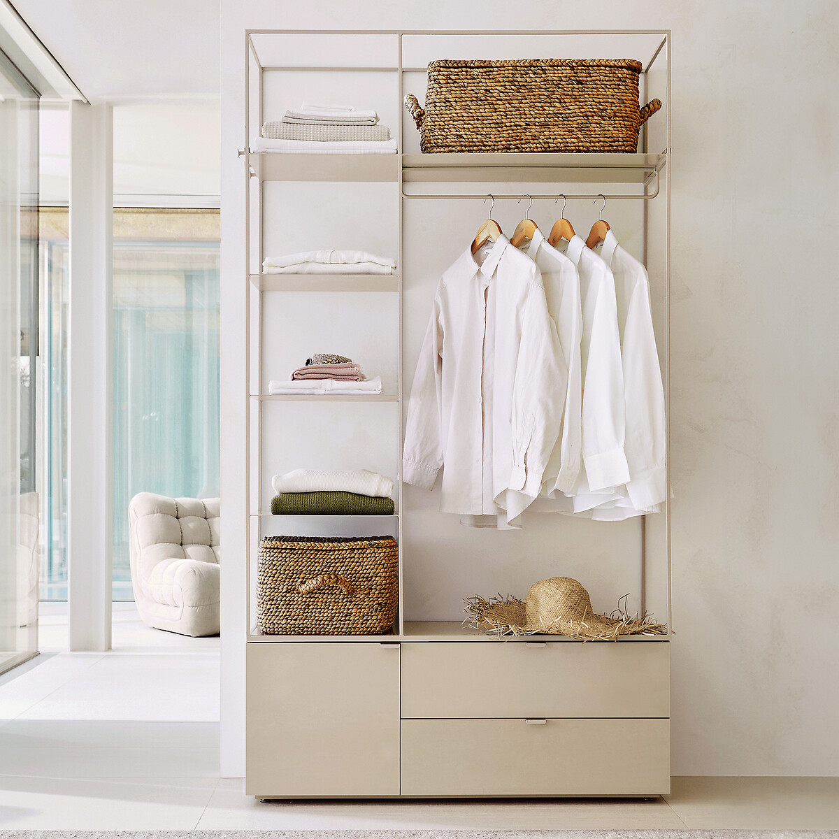 Dressing ouvert en métal fer et MDF plaqué orme ou laqué, KOLYA grège, AM.PM