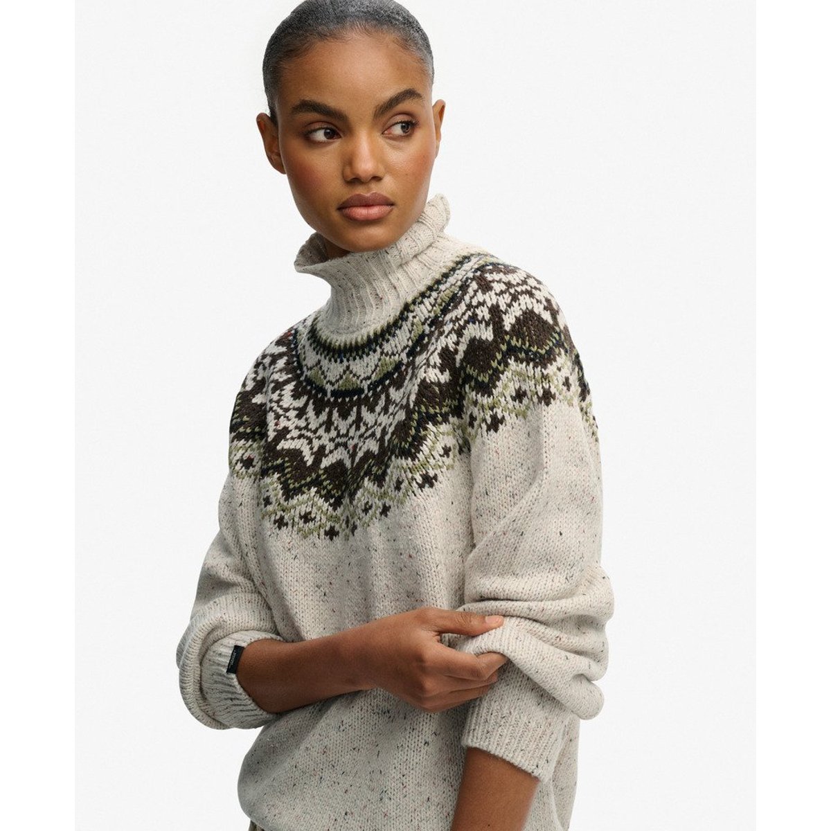 Pull à col montant en jacquard blanc cassé multi, SUPERDRY
