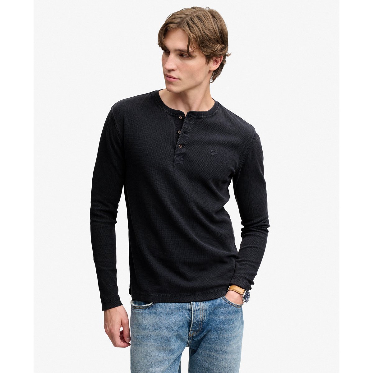 Haut Henley à Manches Longues en Maille Gaufrée bleu français, SUPERDRY