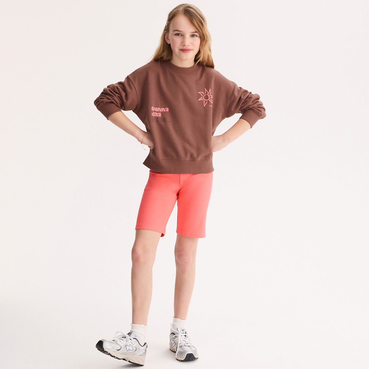 Sweatshirt mit Rundhalsausschnitt, aus Molton, mit Sonnenmotiv und Botschaft braun, LA REDOUTE COLLECTIONS