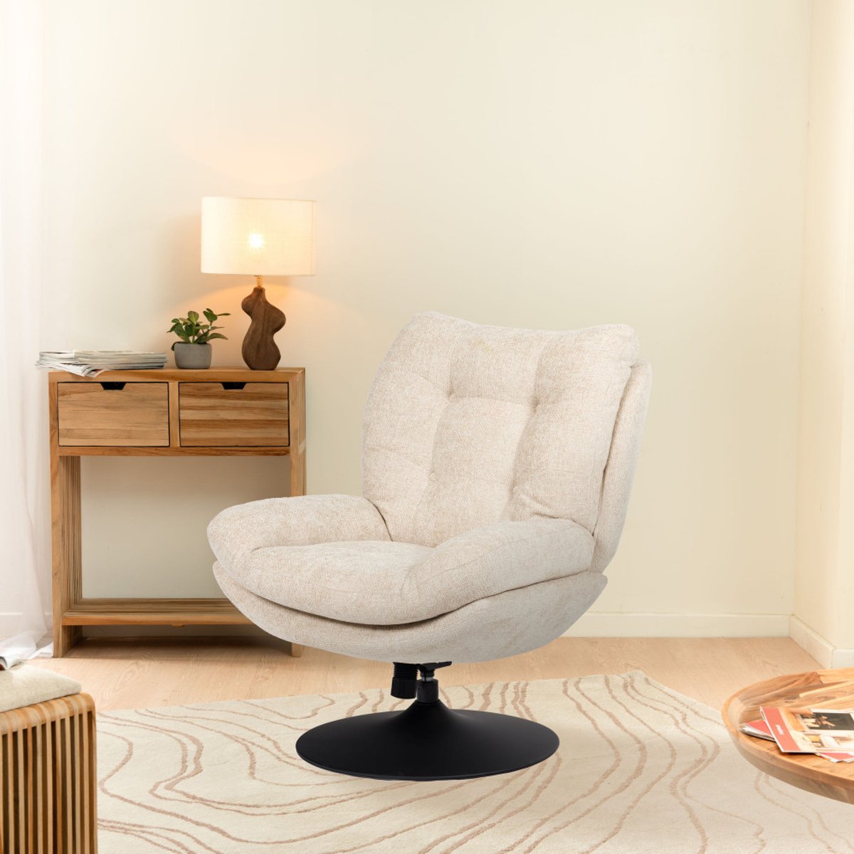 Fauteuil en tissu beige avec piètement noir Magnum crème / ivoire, AMADEUS