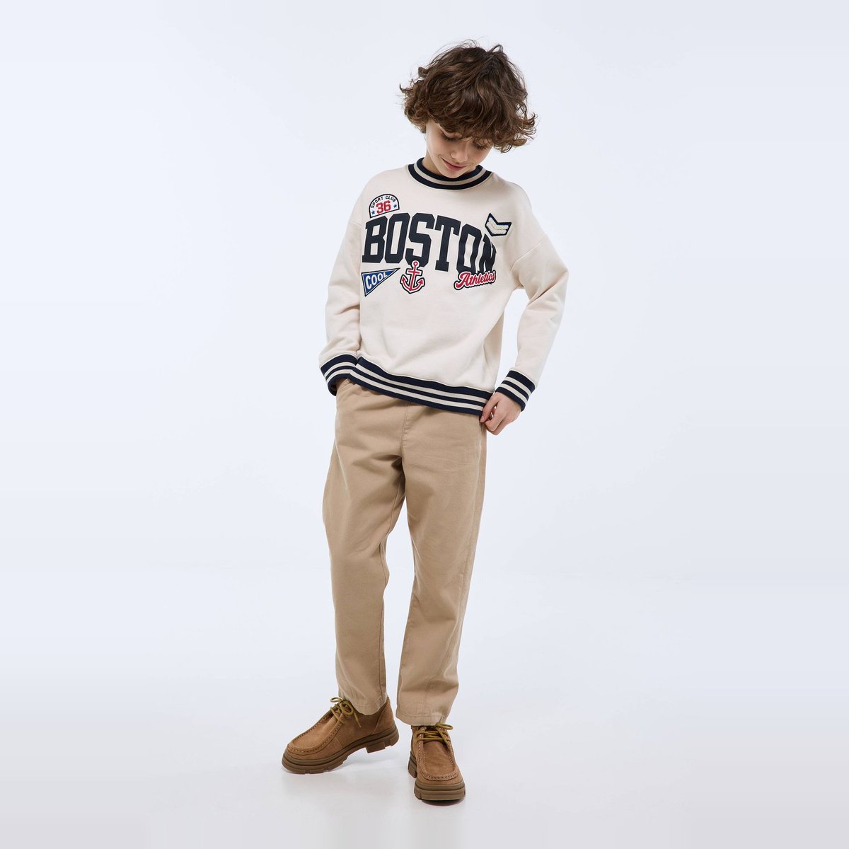 Pantalon droit taille élastiquée en coton beige, MONOPRIX