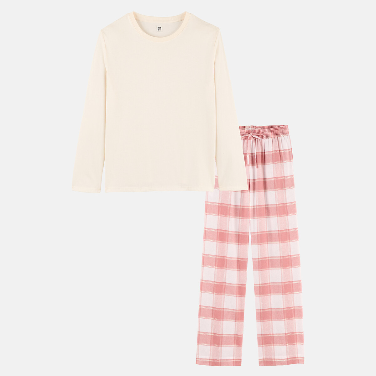 Pyjama 2 pièces avec t-shirt en jersey et pantalon en flanelle carreaux rose, LA REDOUTE COLLECTIONS