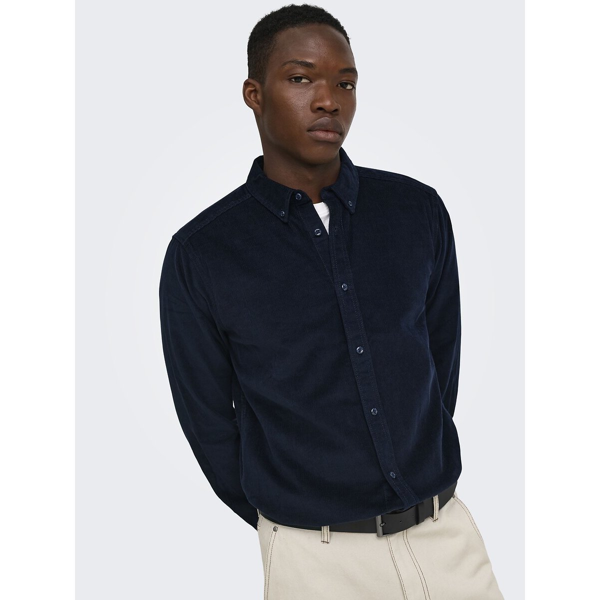Chemise manches longues en velours côtelé noir, ONLY & SONS