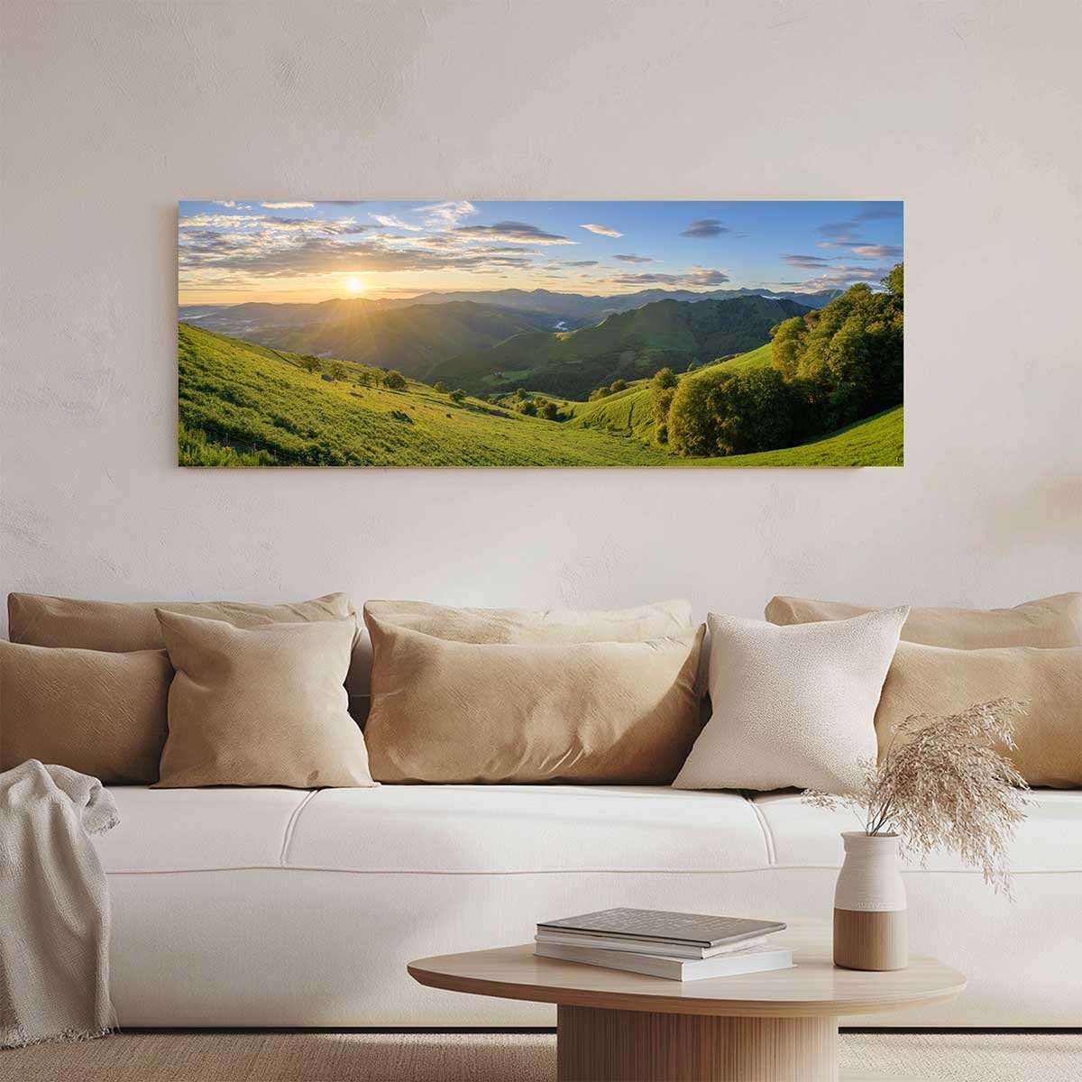 Tableau panoramique collines vertes coucher de soleil toile imprimée, HEXOA