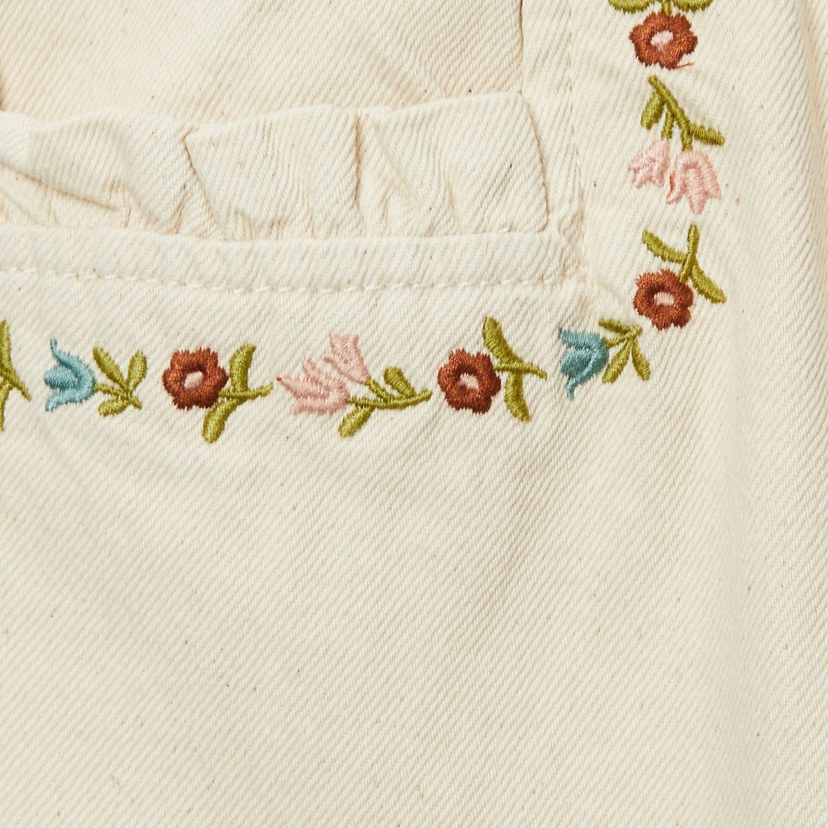 Pantalon twill détails de broderies en coton naturel, MONOPRIX