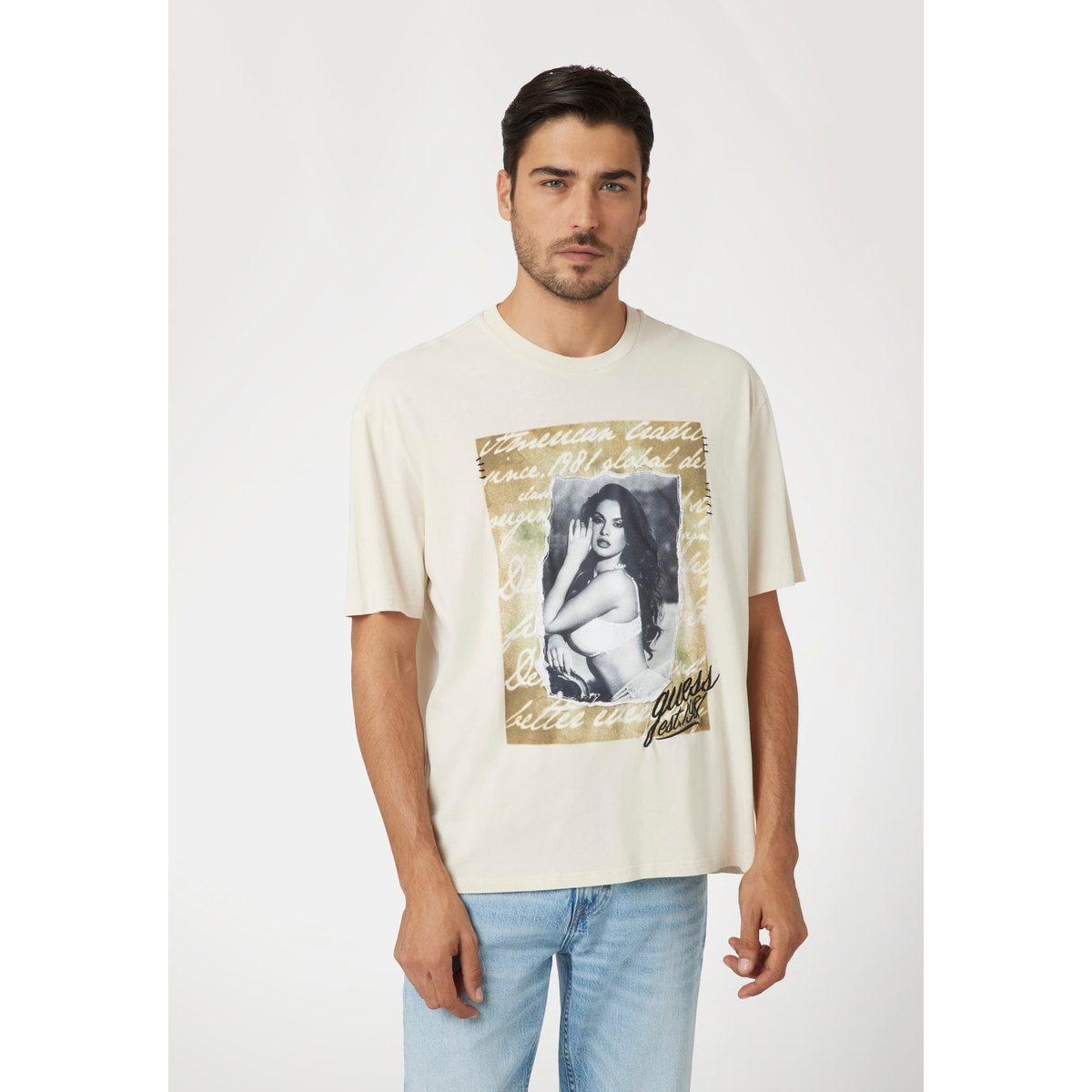 T-Shirt Imprimé Frontal crème, GUESS