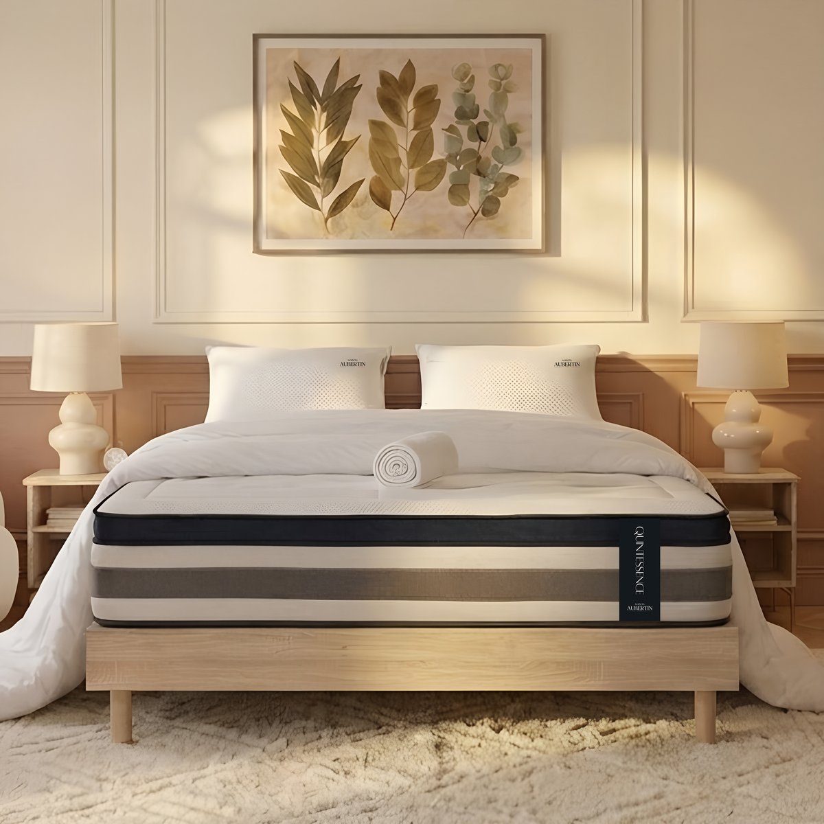 Ensemble literie QUINTESSENCE + accessoires - 30 cm d'épaisseur - Accueil moelleux, soutien ferme blanc, MAISON AUBERTIN