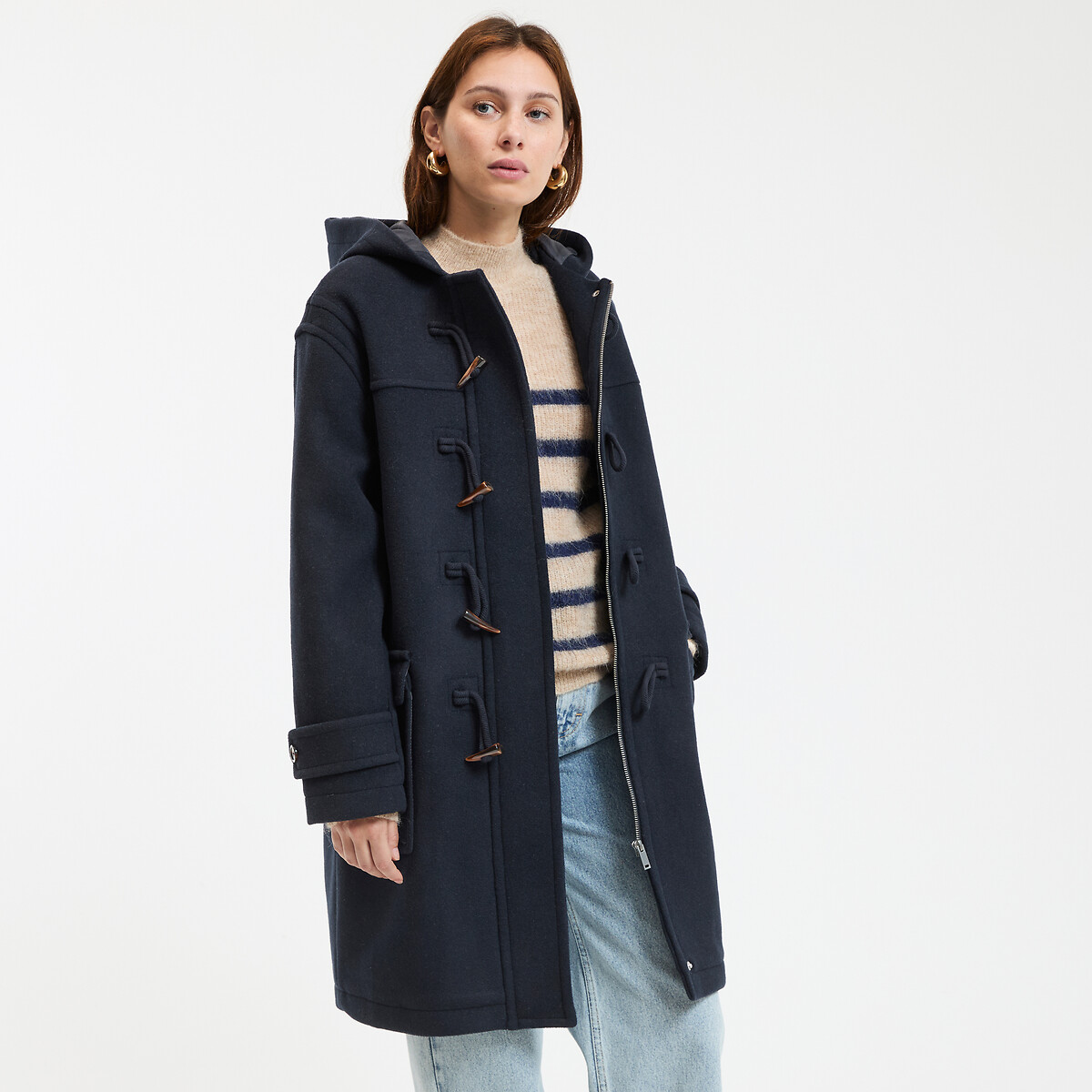 Mid-Length Hooded Duffle Coat navy blue, LA REDOUTE COLLECTIONS