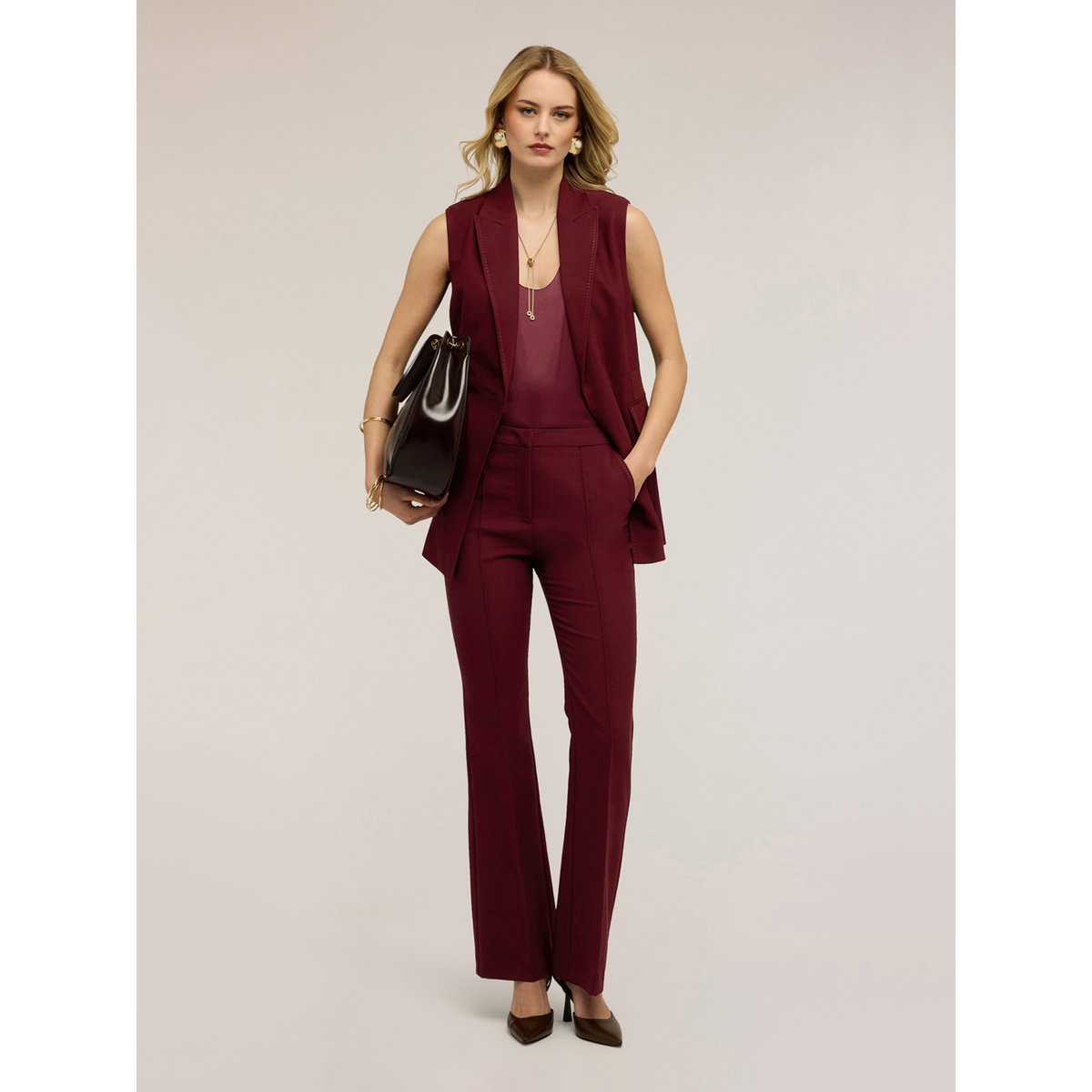 Pantalon bootleg en polyviscose burgundy, MOTIVI