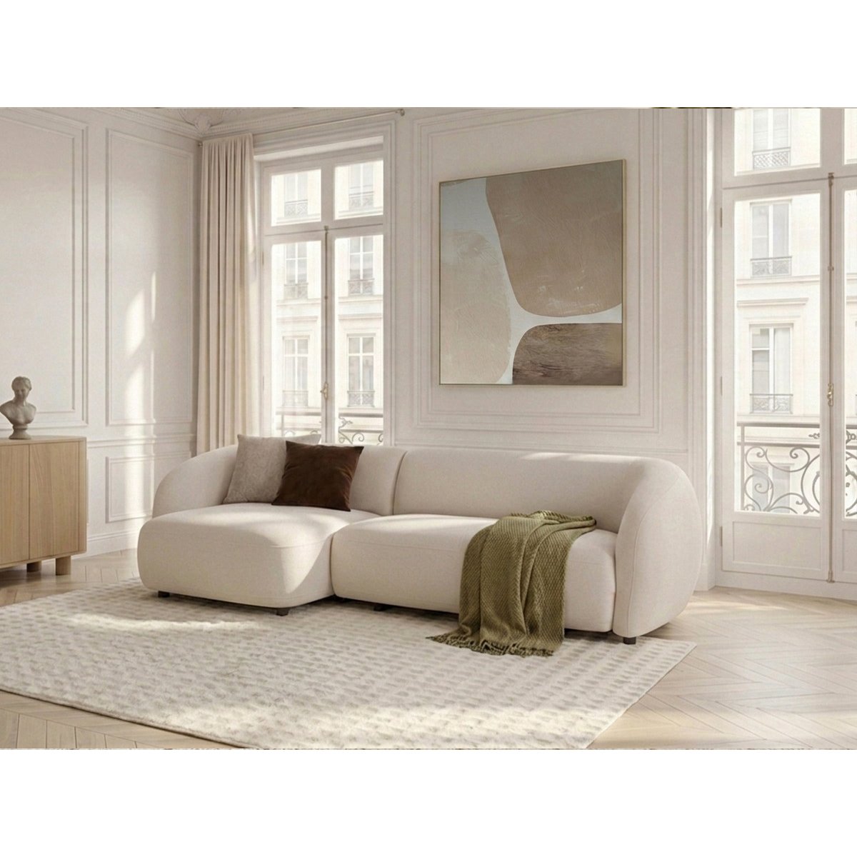 Canapé d'angle convertible 4 places en tissu lisse, HALO beige, BOBOCHIC