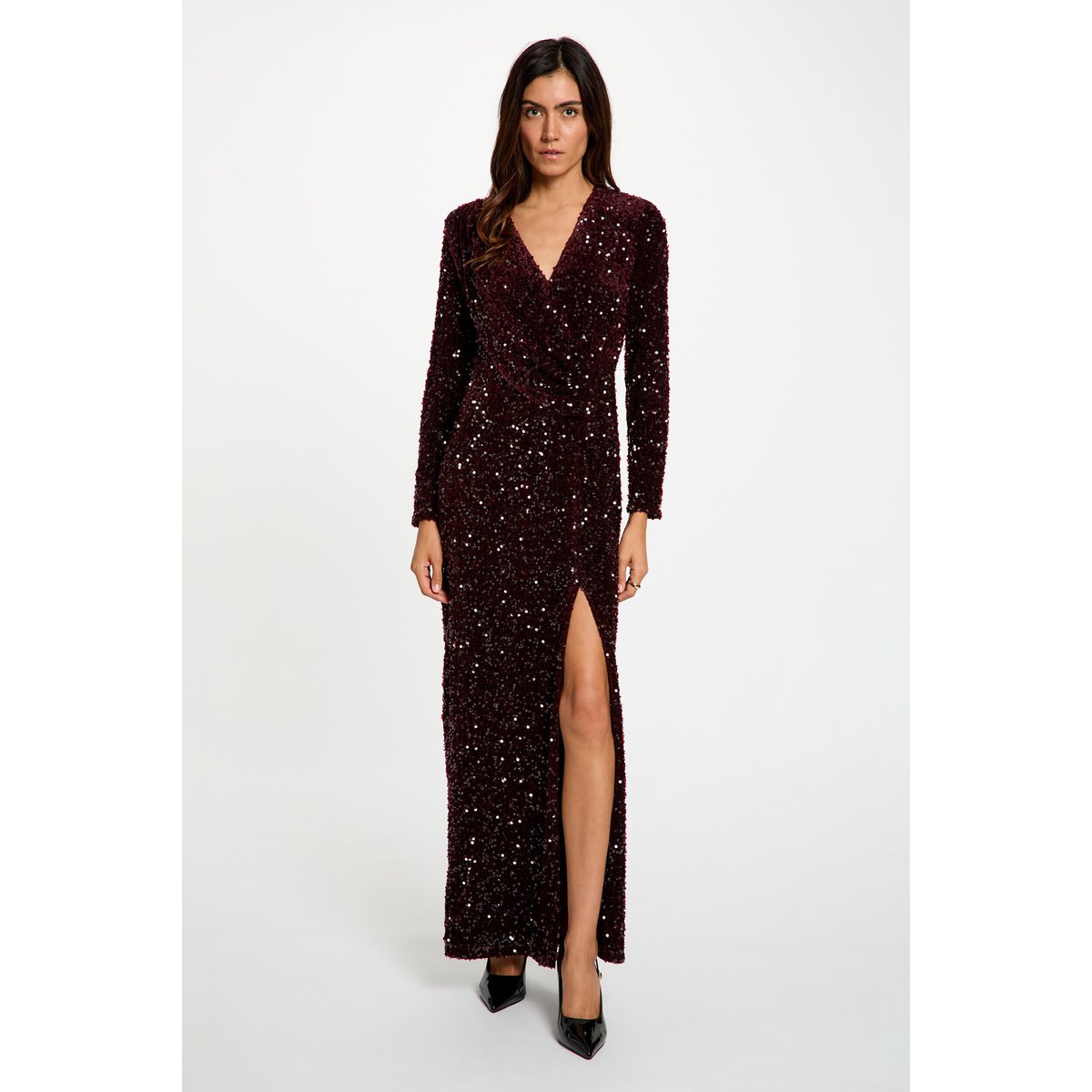 Robe longue ajustée sequins prune, MORGAN