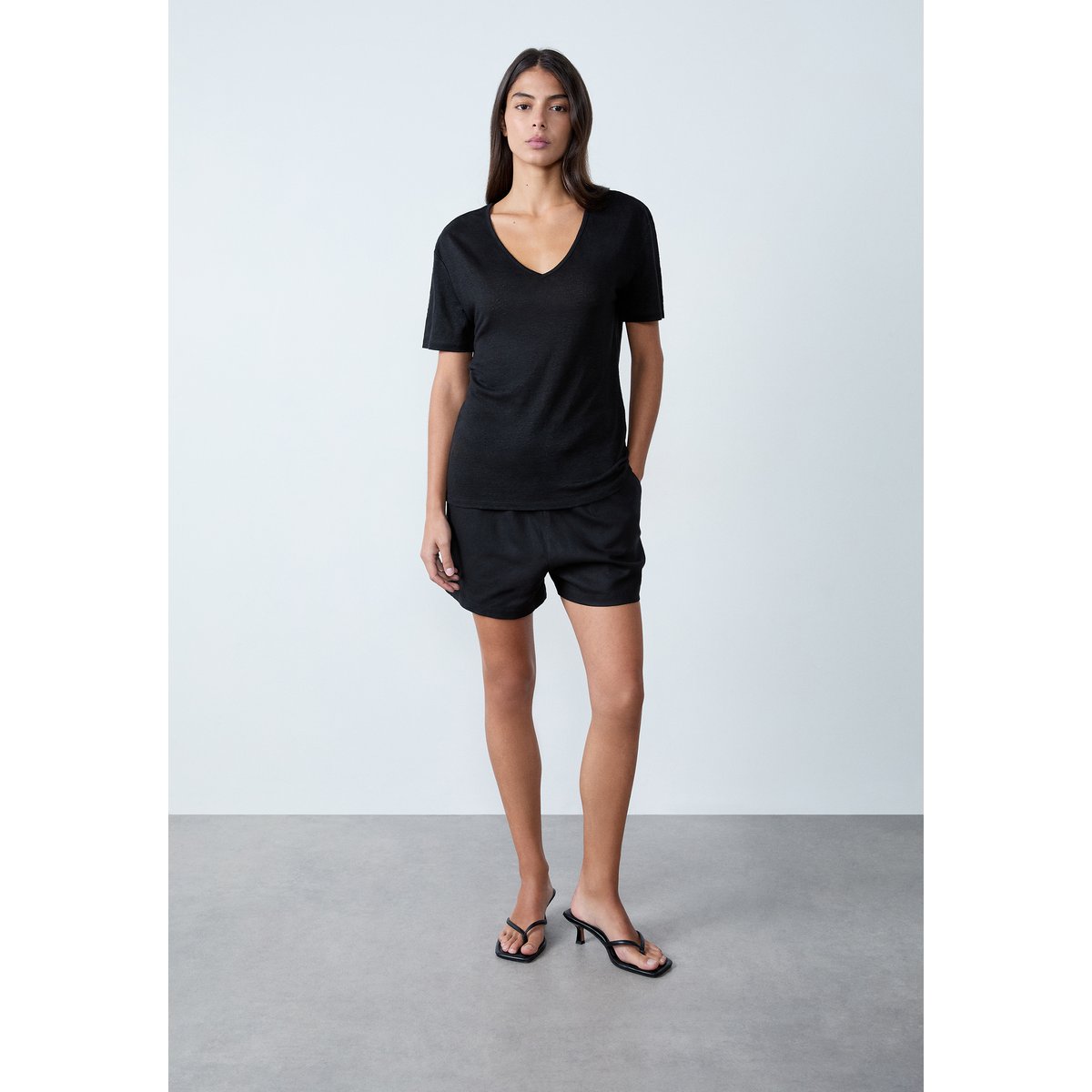 T-shirt col V 100% lin GANGA V noir, ETAM
