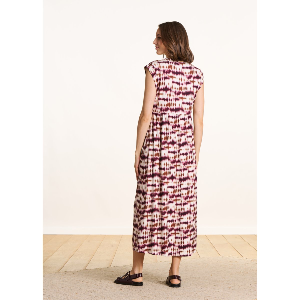 Robe midi col V à imprimé tie & dye ecru/burgundy, LA FEE MARABOUTEE