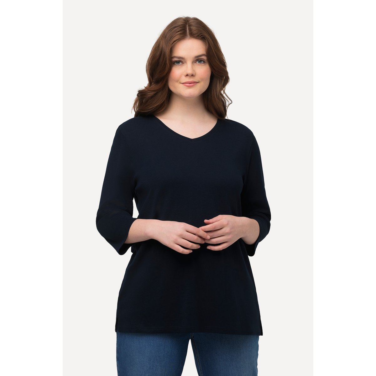 T-shirt V basic, classic, manches 3/4 marine, ULLA POPKEN