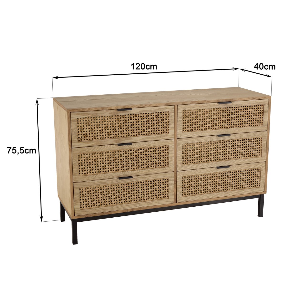 Commode 6 tiroirs bois clair et rotin pieds métal PALMA bois naturel, PIER IMPORT