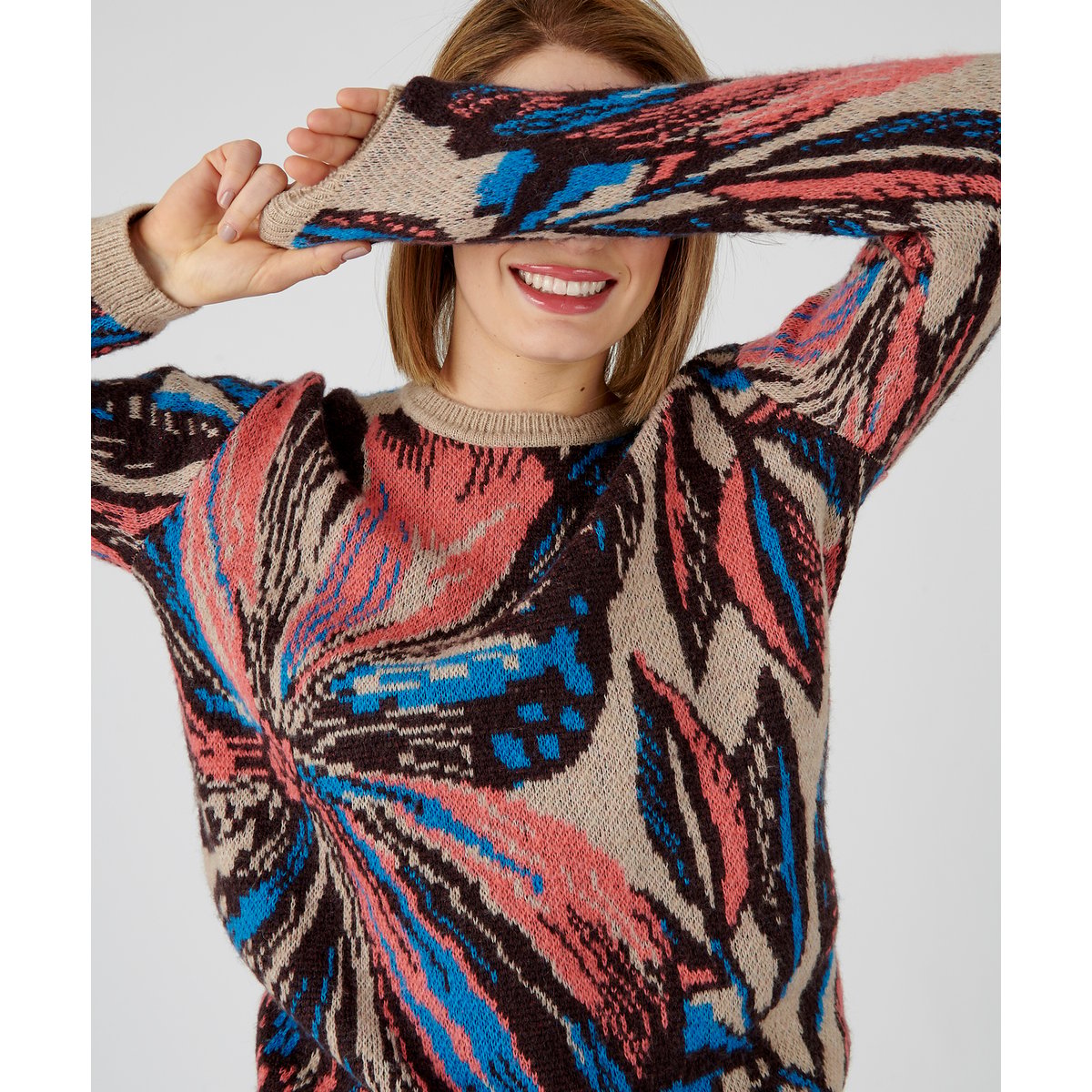 Pull jacquard marron jacquard feuille, DAMART