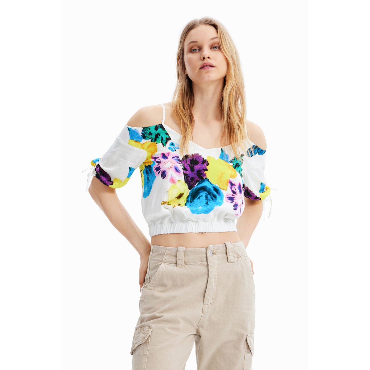 Blouse courte froncée fleurs M.Christian Lacroix blanc, DESIGUAL